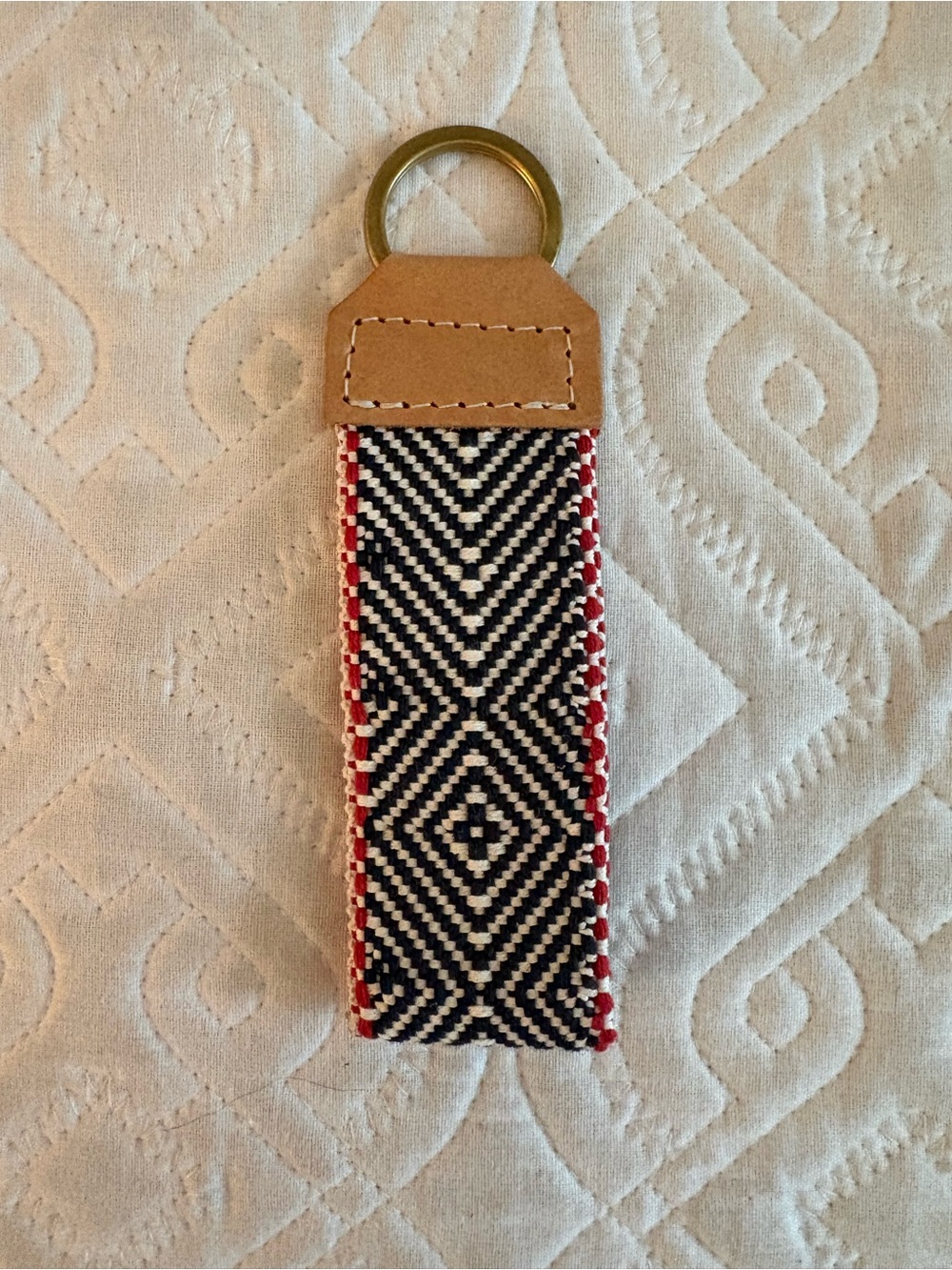 Woven Geometric Key Fob with Leather Tab - Black, White & Red - BNNU